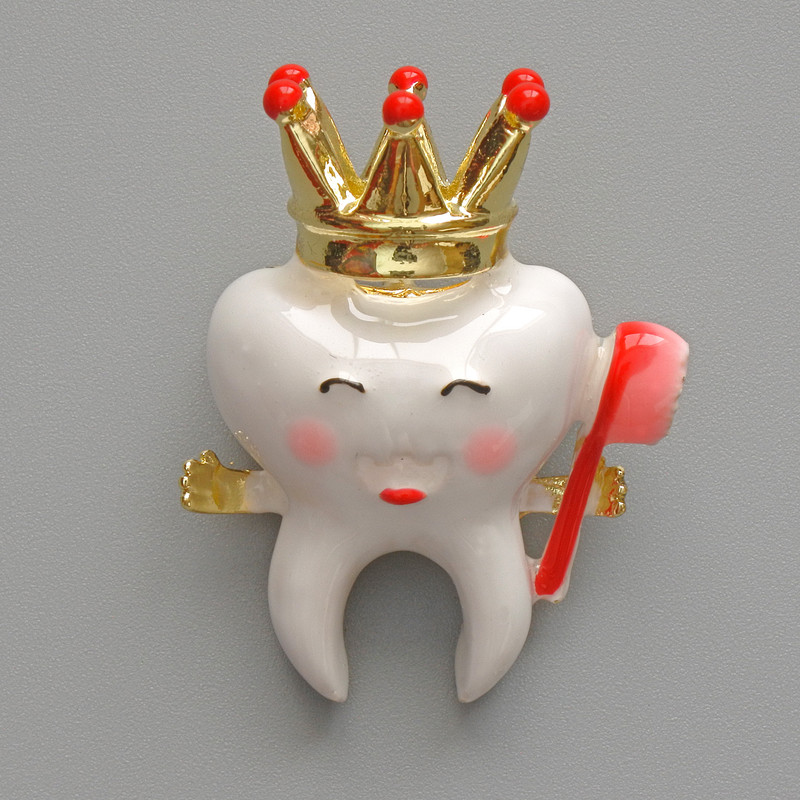 Tooth with Crown Brooch Pendant, White, Pink & Gold Enamel, Gold-Tone Metal, 25x32mm