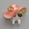Tooth in a Hat Brooch, White, Pink & Black Enamel, Gold-Tone Metal, 33x30mm