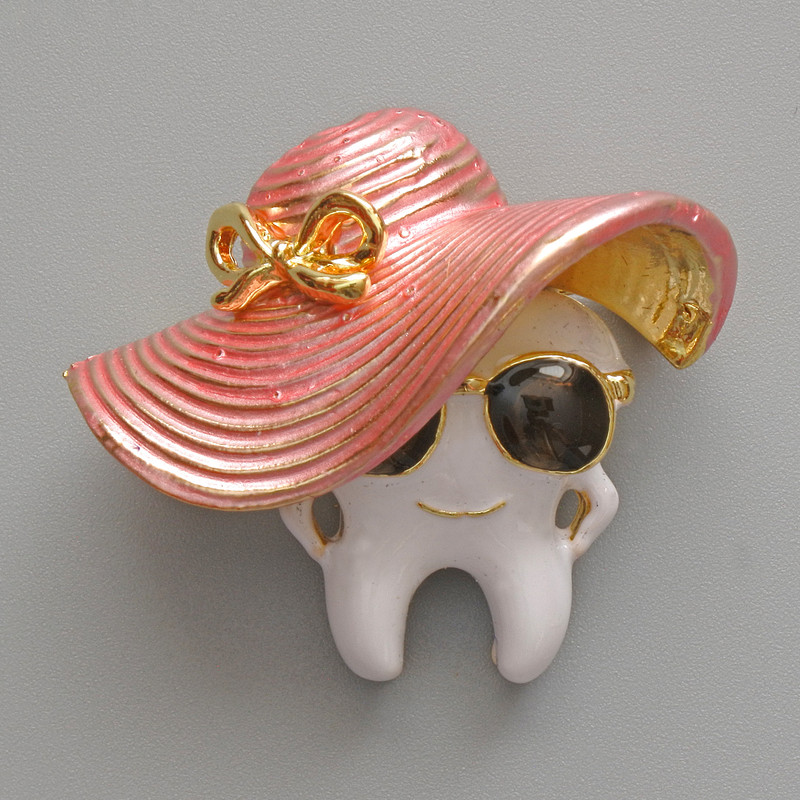 Tooth in a Hat Brooch, White, Pink & Black Enamel, Gold-Tone Metal, 33x30mm