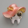 Tooth in a Hat Brooch, White, Pink & Black Enamel, Gold-Tone Metal, 33x30mm
