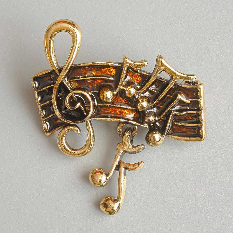 Music Notes Brooch, Brown Enamel, Gold-Tone Metal, 33x26mm