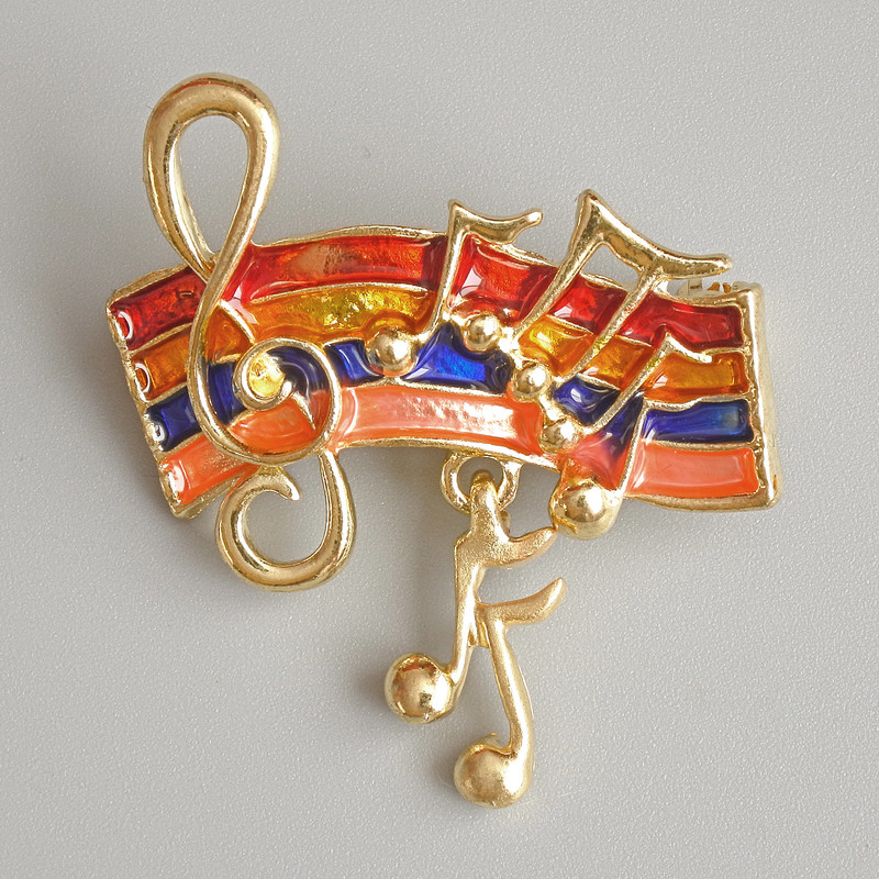 Music Notes Brooch, Multicolour Enamel, Gold-Tone Metal, 33x26mm
