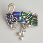 Music Notes Brooch, Green & Blue Enamel, Silver-Tone Metal, 33x26mm