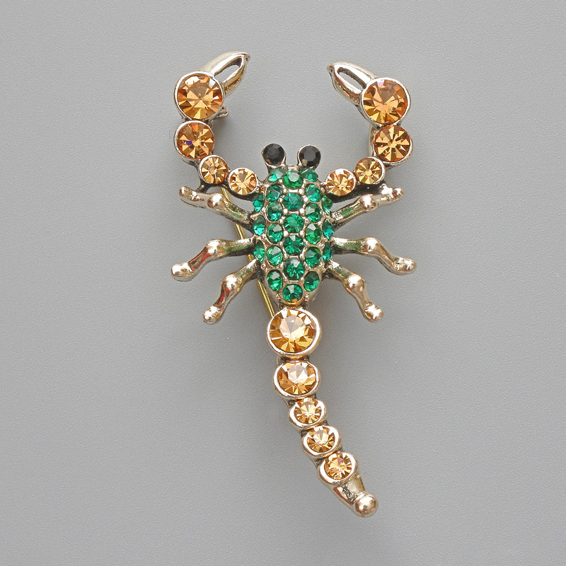 Scorpion Brooch Pendant, Green & Yellow Rhinestones, Gold-Tone Metal, 28x54mm