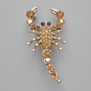 Scorpion Brooch Pendant, Yellow & Chameleon Rhinestones, Gold-Tone Metal, 28x54mm