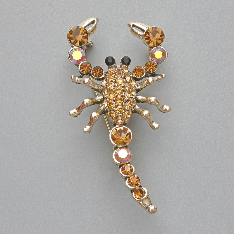 Scorpion Brooch Pendant, Yellow & Chameleon Rhinestones, Gold-Tone Metal, 28x54mm
