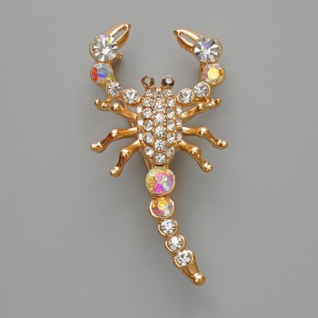 Scorpion Brooch Pendant, White & Chameleon Rhinestones, Gold-Tone Metal, 28x54mm