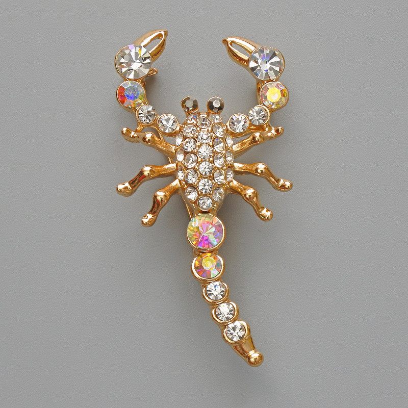 Scorpion Brooch Pendant, White & Chameleon Rhinestones, Gold-Tone Metal, 28x54mm