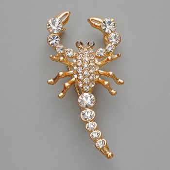 Scorpion Brooch Pendant, White Rhinestones, Gold-Tone Metal, 28x54mm