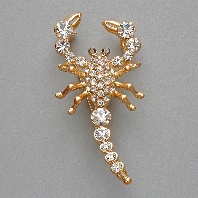 Scorpion Brooch Pendant, White Rhinestones, Gold-Tone Metal, 28x54mm