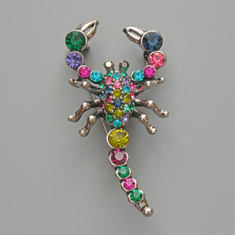 Scorpion Brooch Pendant, Multicolour Rhinestones, Silver-Tone Metal, 28x54mm