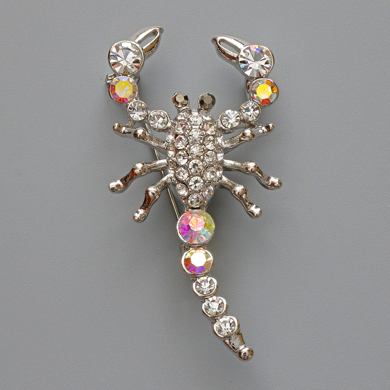 Scorpion Brooch Pendant, White Rhinestones and Chameleon Rhinestones, Silver-Tone Metal 28x54mm