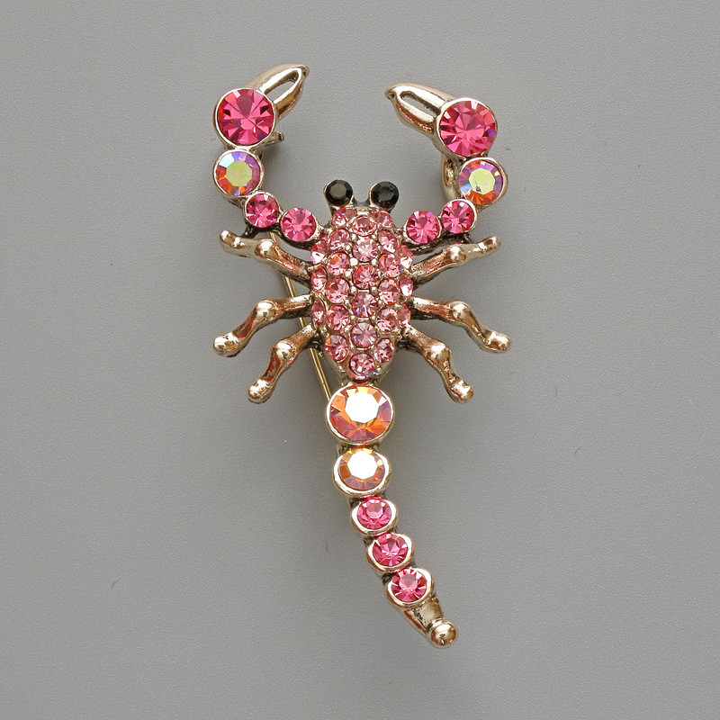 Scorpion Brooch Pendant, Pink Rhinestones, Silver-Tone Metal 28x54mm