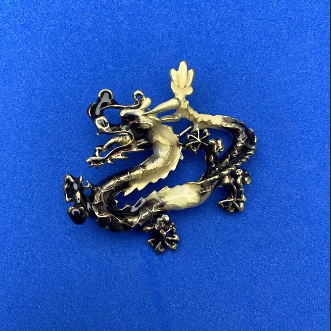 Dragon Brooch Pendant, Brown and White Enamel, Silver-Tone Metal 47x41mm
