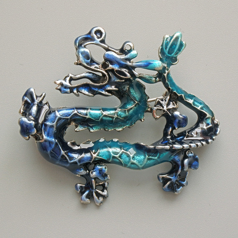 Dragon Brooch Pendant, Blue Enamel, Silver-Tone Metal 47x41mm