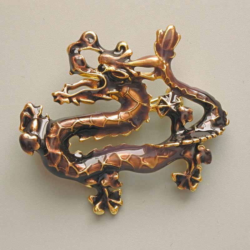 Dragon Brooch Pendant, Brown Enamel, Gold-Tone Metal 47x41mm