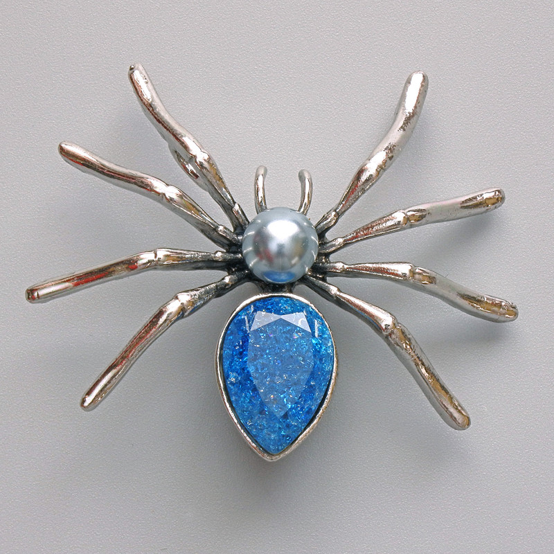 Spider Brooch Pendant, Blue Aquarium Effect, Grey Bead, Silver-Tone Metal 45x39mm