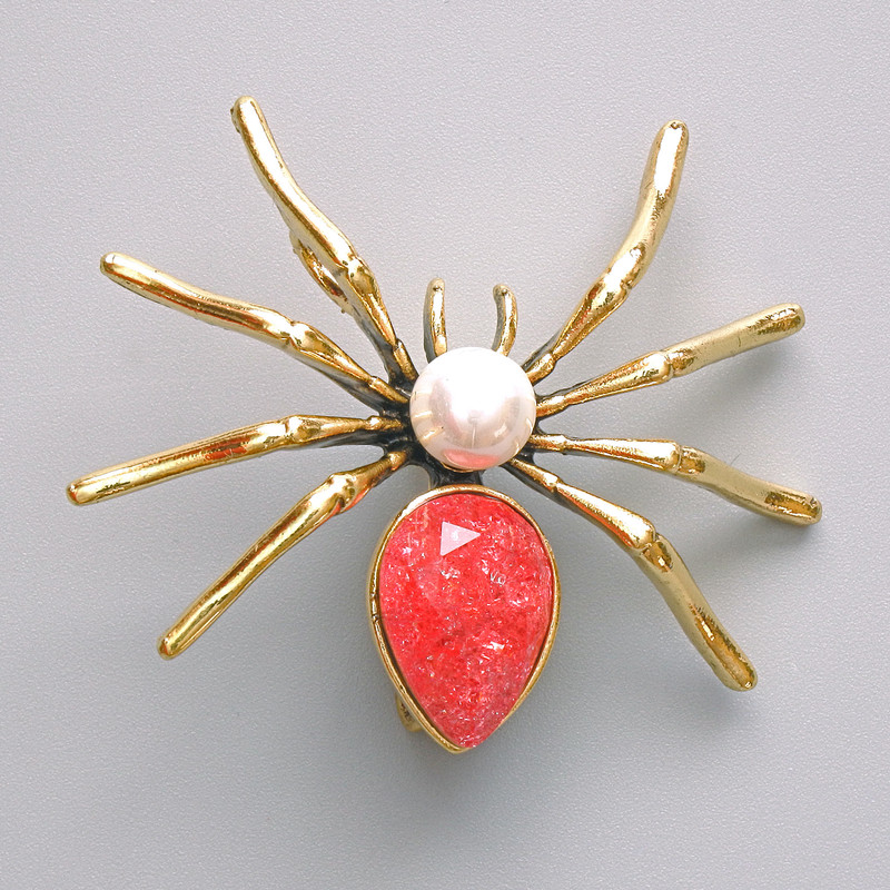 Spider Brooch Pendant, Pink Aquarium Effect, White Bead, Gold-Tone Metal 45x39mm