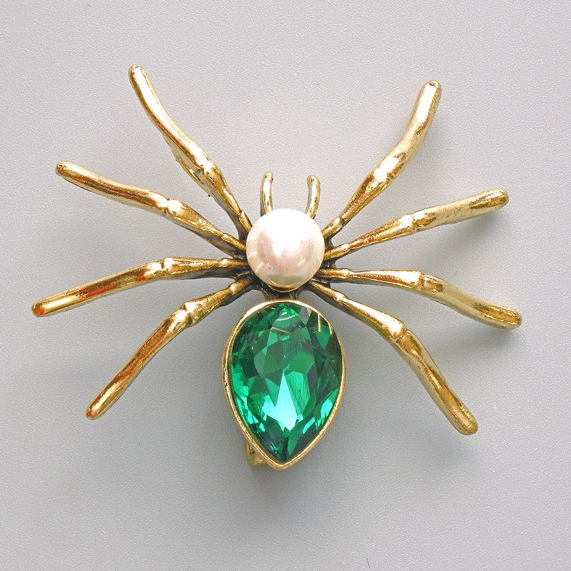 Spider Brooch Pendant, Green Crystal, White Bead, Gold-tone Metal 45x39mm