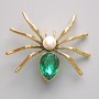 Spider Brooch Pendant, Green Crystal, White Bead, Gold-tone Metal 45x39mm