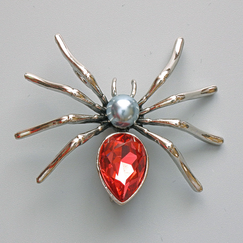 Spider Brooch Pendant, Red Crystal, Grey Bead, Silver-tone Metal 45x39mm
