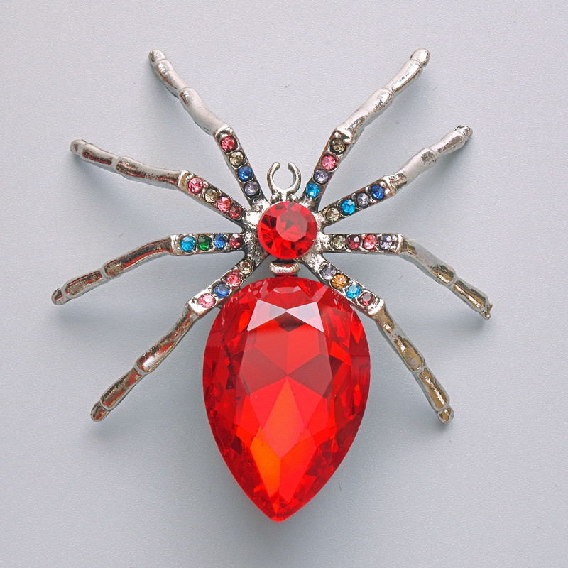 Spider Brooch Pendant, Red Crystal, Multicoloured Rhinestones, Silver-tone Metal 56x64mm