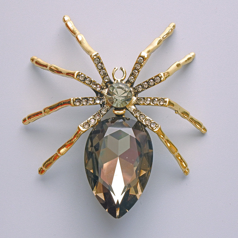 Spider Brooch Pendant, Grey Crystal, Grey Rhinestones, Gold-tone Metal 56x64mm