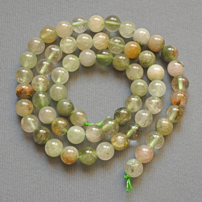 Phantom Quartz with Rutile Beads, natural stone, smooth round bead, diameter 6.5mm+-, length 39cm+- on a strand