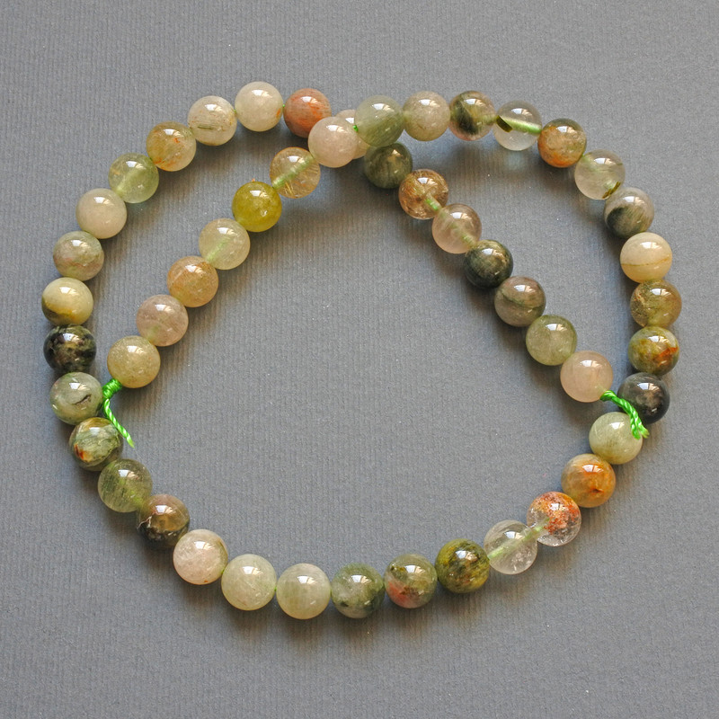 Phantom Quartz with Rutile Beads, natural stone, smooth round bead, diameter 8mm+-, length 39cm+- on a strand