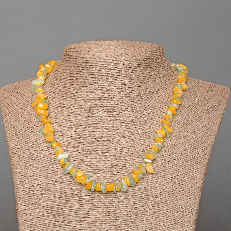"Ukraine" Necklace, Aquamarine Natural Stone and Tinted Quartz Chips, Diameter 8x4mm+-, Length 48cm