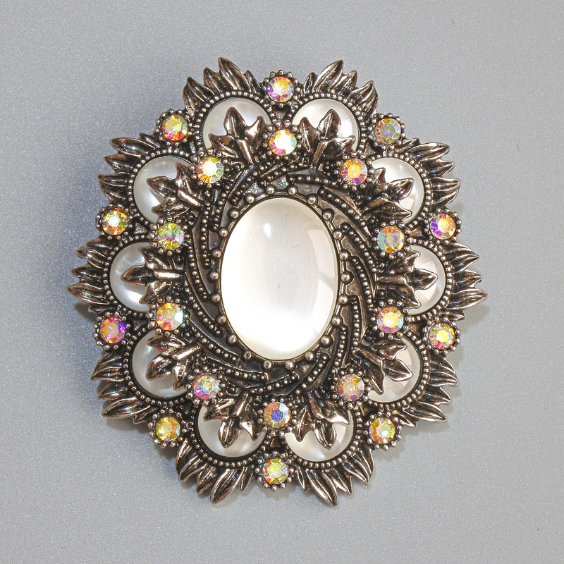 Accent Brooch Pendant, White Cat's Eye, Chameleon Rhinestones, Dark Silver-Tone Metal 48x54mm