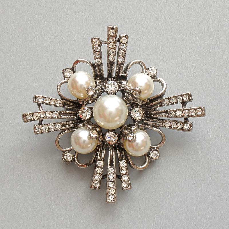 Accent Brooch Pendant with White Beads and Rhinestones, Silver-Tone Metal, 53x52mm