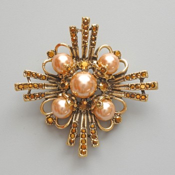 Accent Brooch Pendant with Yellow Beads and Rhinestones, Gold-Tone Metal, 53x52mm