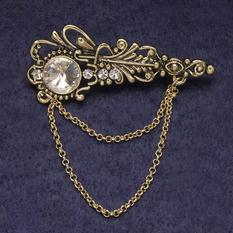 Accent Brooch, White Rhinestones & Crystal, Gold-Tone Metal, 55x22mm