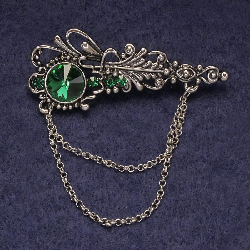 Accent Brooch, Green Rhinestones and Crystal, Silver-Tone Metal 55x22mm