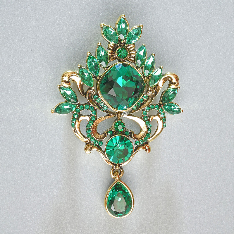 Accent Brooch-Pendant, Green Crystals & Rhinestones, Gold-Tone Metal, 40x58mm