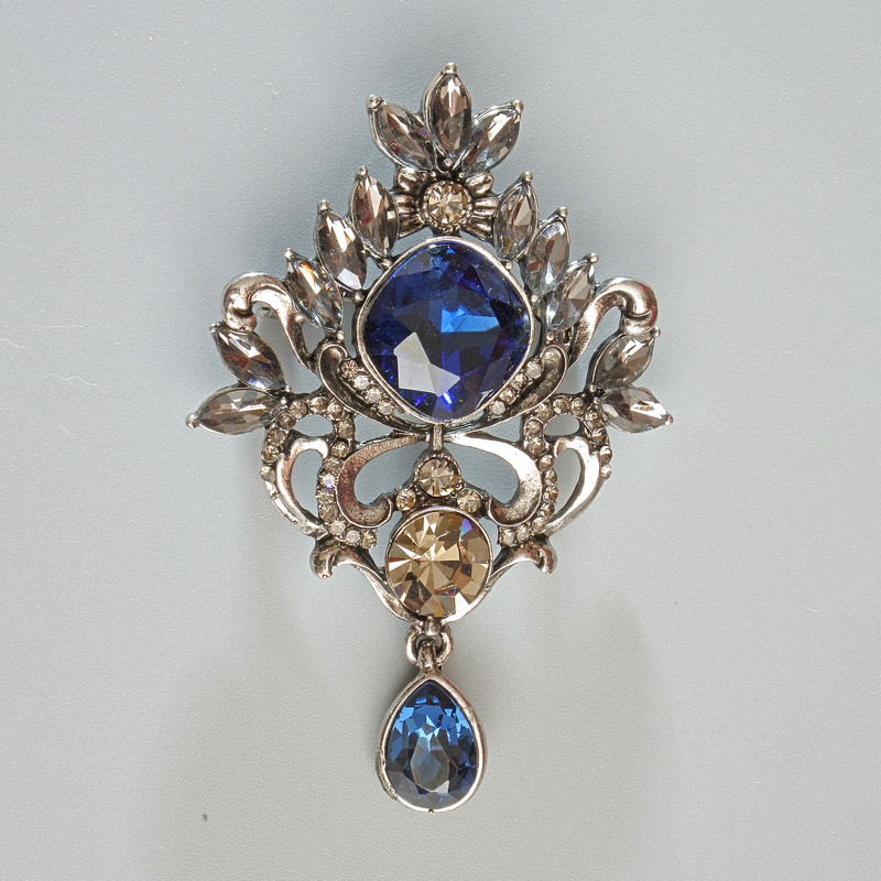 Accent Pendant Brooch, Blue and Grey Crystals, Grey Rhinestones, Silver-Tone Metal 40x58mm