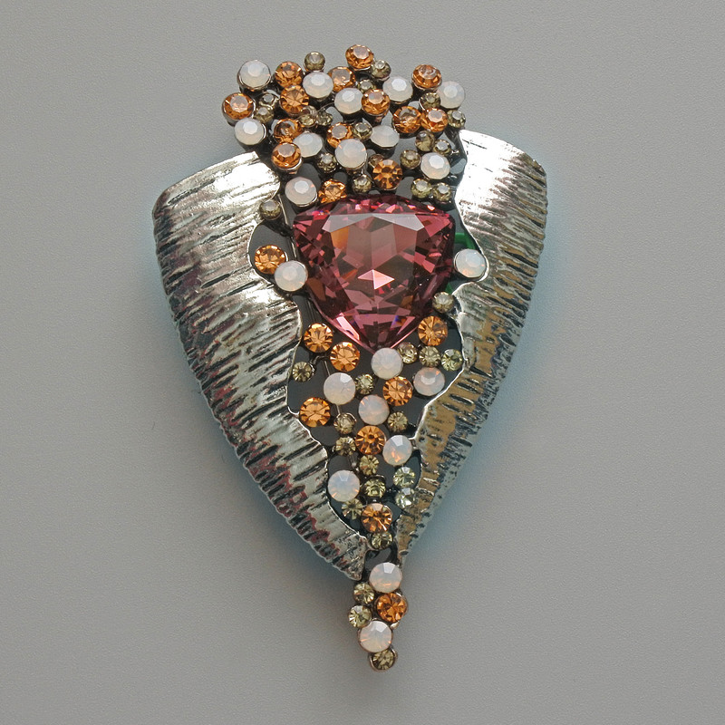 Accent Brooch-Pendant, Pink Crystal, Black, White & Yellow Rhinestones, Silver-Tone Metal, 41x65mm