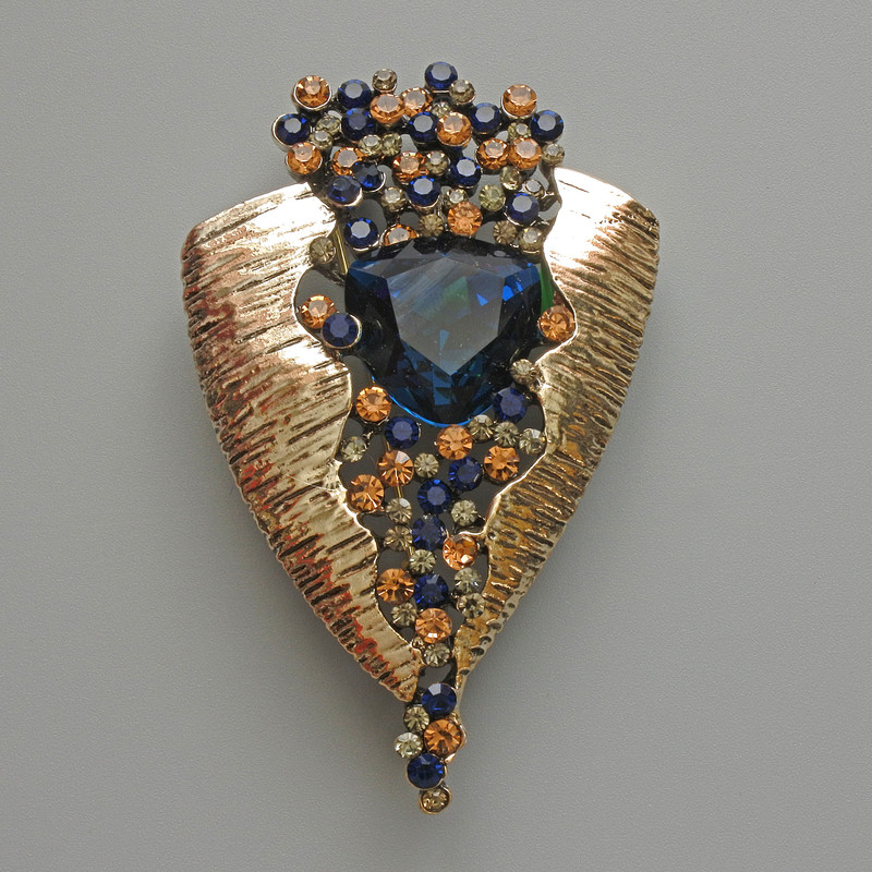 Accent Brooch-Pendant, Blue Crystal, Black, Blue & Yellow Rhinestones, Light Gold-Tone Metal, 41x65mm