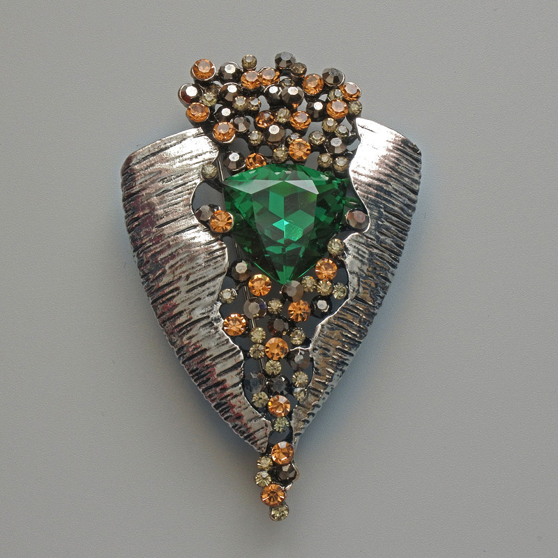 Accent Pendant Brooch, Green Crystal, Black and Yellow Rhinestones, Silver-Tone Metal 41x65mm