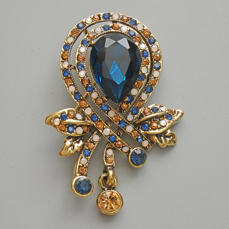 Accent Brooch-Pendant, Blue Crystal, Blue, White & Yellow Rhinestones, Gold-Tone Metal, 37x46mm
