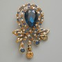 Accent Brooch-Pendant, Blue Crystal, Blue, White & Yellow Rhinestones, Gold-Tone Metal, 37x46mm