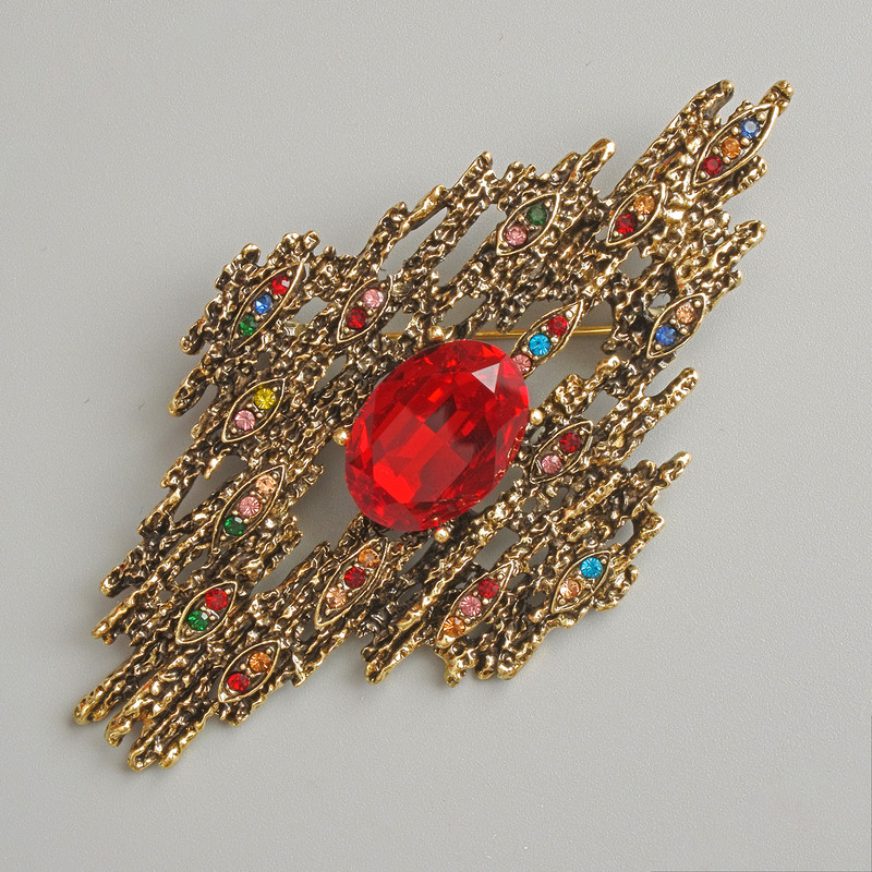 Accent Pendant Brooch, Red Crystal, Multicoloured Rhinestones, Dark Gold-Tone Metal 44x81mm