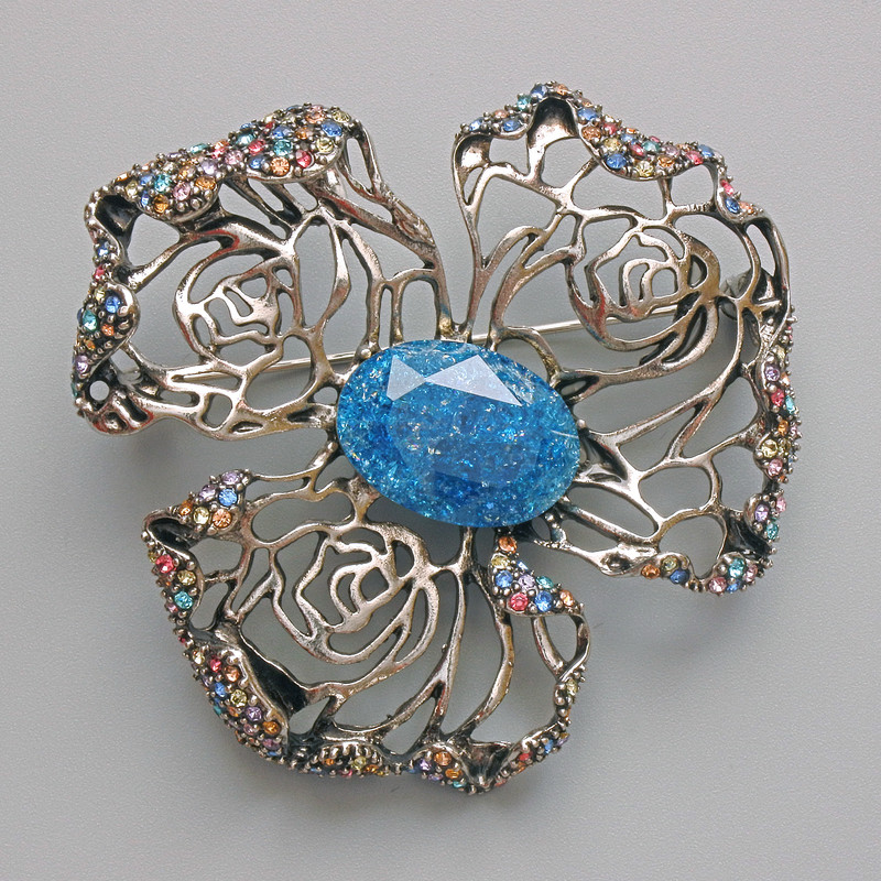 Flower Pendant Brooch, Blue Aquarium Effect, Multicoloured Rhinestones, Gold-Tone Metal 51x51mm