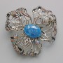 Flower Pendant Brooch, Blue Aquarium Effect, Multicoloured Rhinestones, Gold-Tone Metal 51x51mm