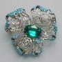 Flower Brooch-Pendant, Green Crystal, Blue Rhinestones, Silver-Tone Metal, 51x51mm