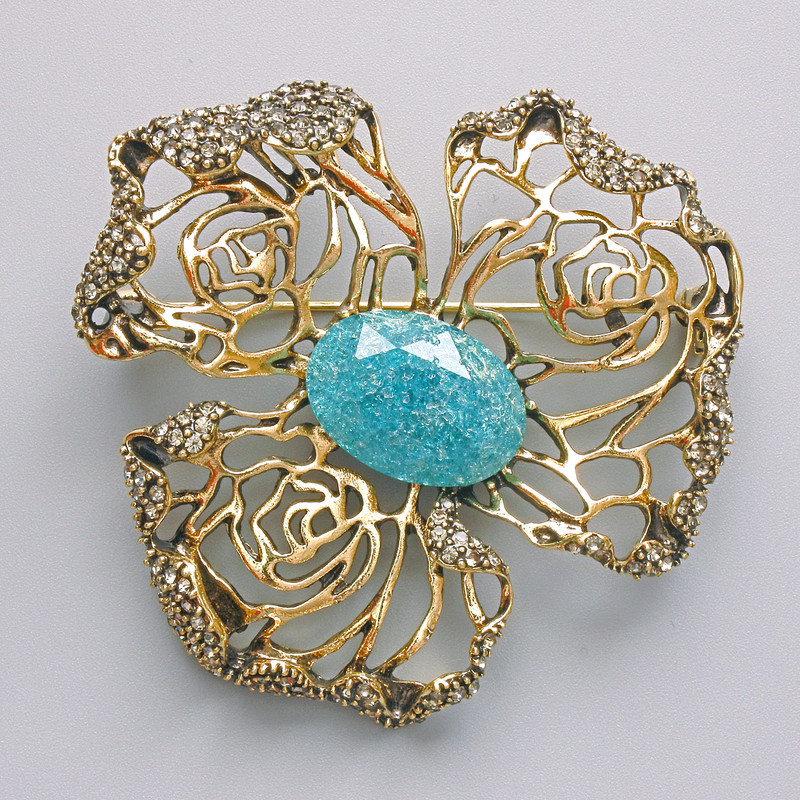 Flower Brooch-Pendant, Blue Aquarium Effect, White Rhinestones, Gold-Tone Metal, 51x51mm
