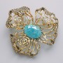 Flower Brooch-Pendant, Blue Aquarium Effect, White Rhinestones, Gold-Tone Metal, 51x51mm