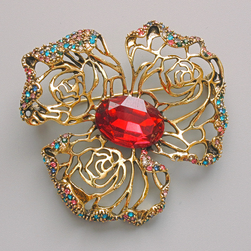 Flower Brooch-Pendant, Red Crystal, Multicolour Rhinestones, Gold-Tone Metal, 51x51mm