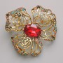 Flower Brooch-Pendant, Red Crystal, Multicolour Rhinestones, Gold-Tone Metal, 51x51mm
